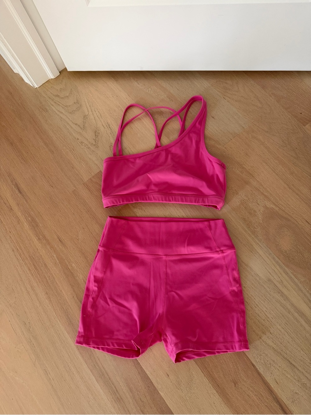 Bright Pink Strappy Sports Bra and High-Waist Bike Shorts Set M